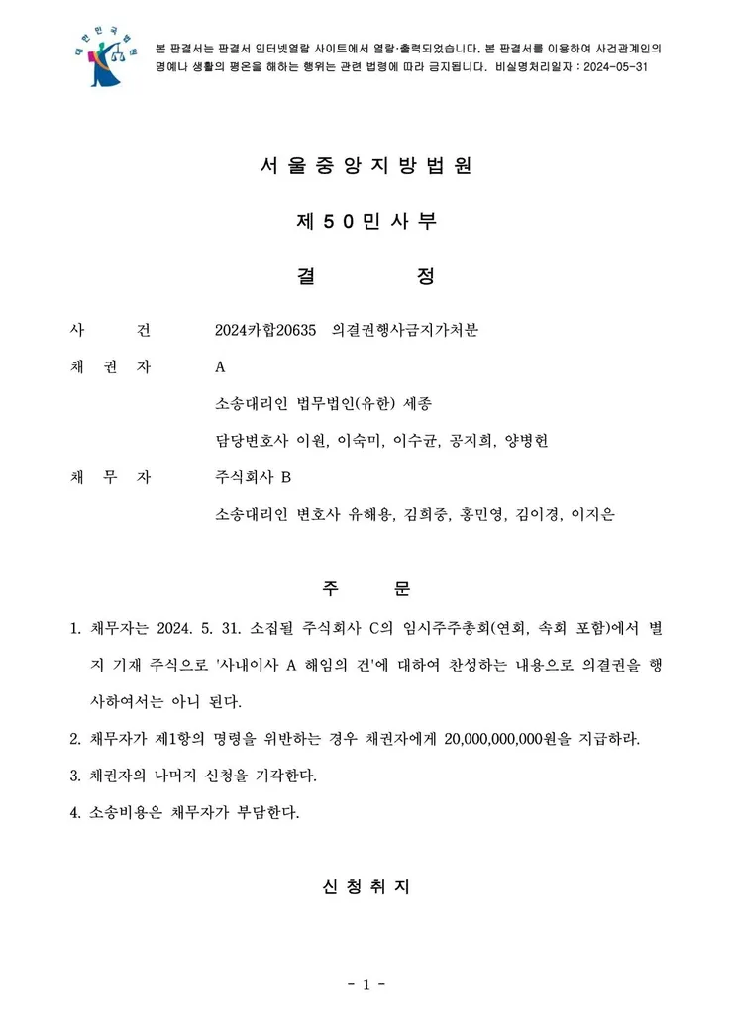 의결권 행사금지 가처분 결정문 1페이지