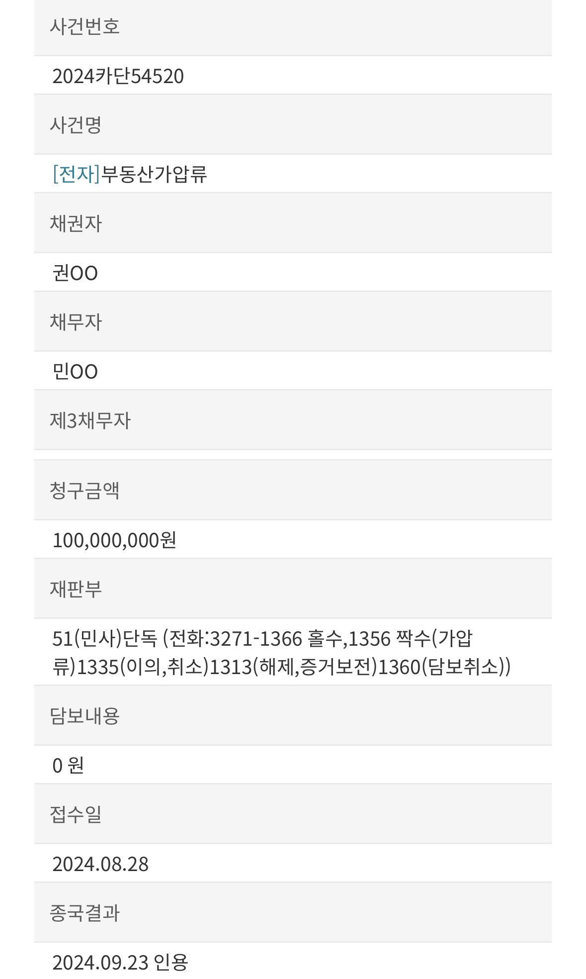 가압류 신청 인용 관련 문서 2